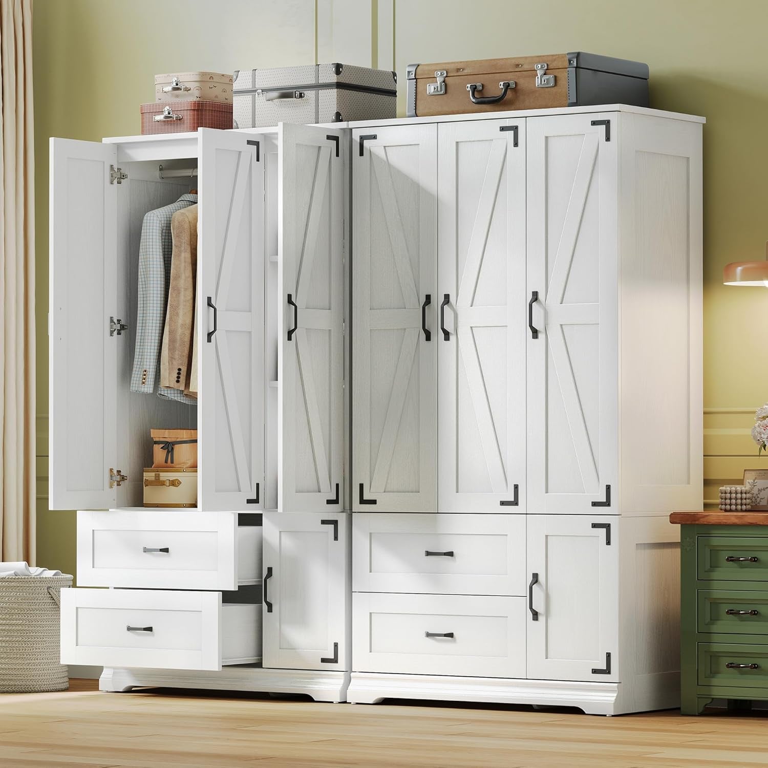 Armoire Wardrobe Closet 71" H, Bedroom Wooden Wardrobe with 4 Doors and 2 Drawers, Farmhouse Clothing Storage Cabinet Combination with Hanging Rod, Shelves, and Hooks, White
