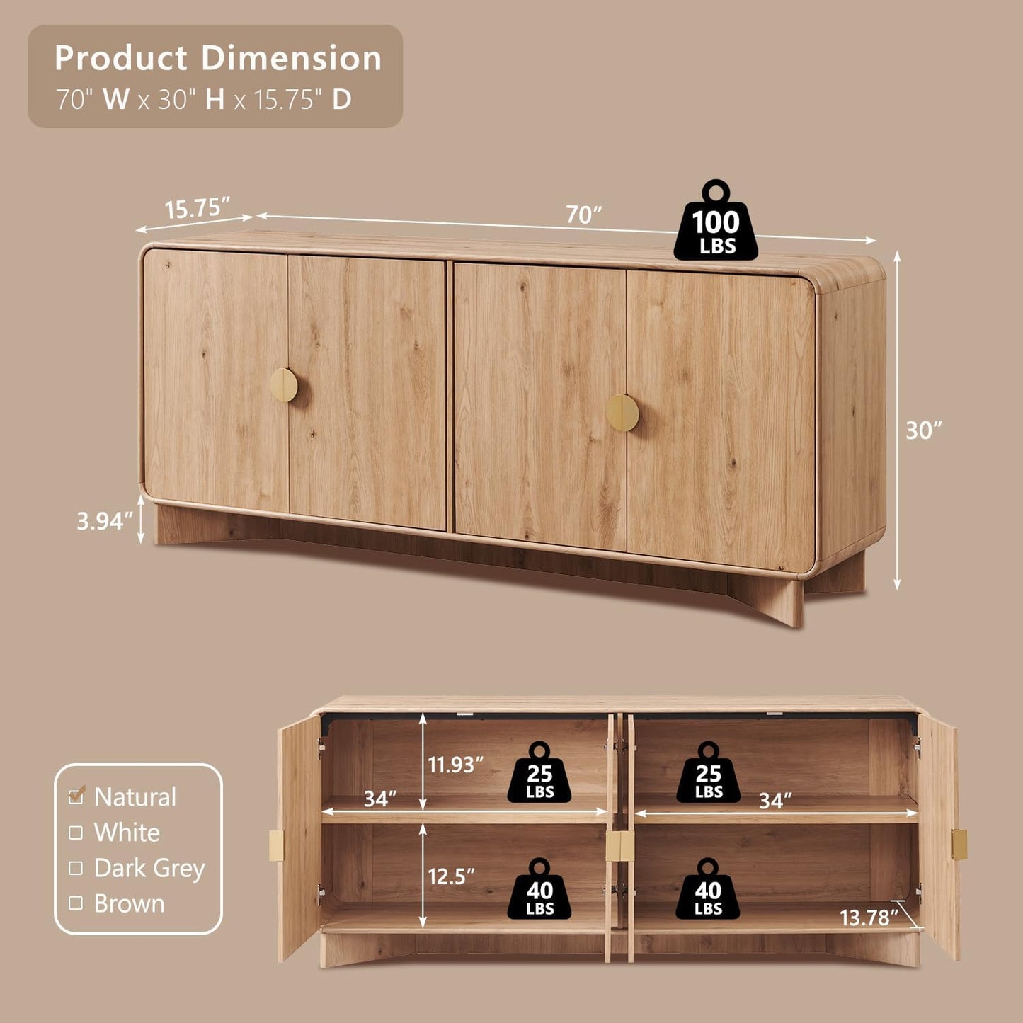 70" Modern TV Stand for Tvs up to 80 Inches, 30" Tall Entertainment Center with Storage and Adjustable Shelves, TV Console with Curved Profile Design, Media Console for Living Room, Natural Oak