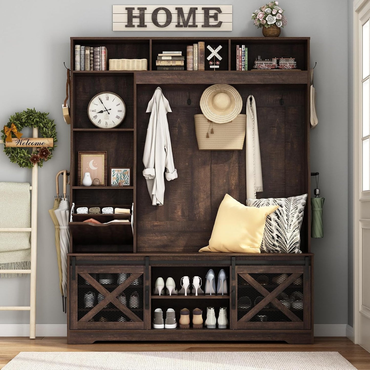 75''H LED Farmhouse Hall Tree with Bench and Shoe Storage,Entryway Bench with Coat Rack,16 Shoe Cubbies & Umbrella Holder and Sock Storage Drawer,Mudroom/Hallway Storages Cabinet(Brown)