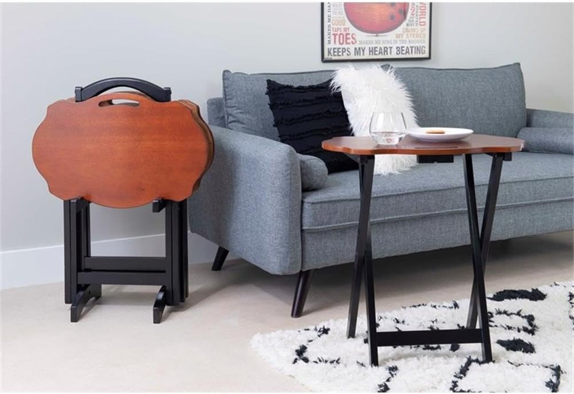 Traditional 5-Piece Okume Veneer and Solid Wood Tray Table Set with Base and Curvy Shaped Trays in Hazelnut and Black