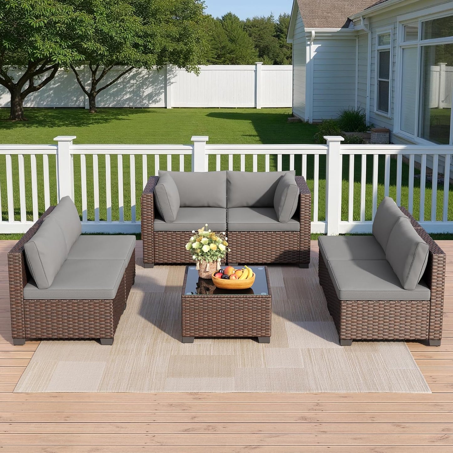 7 Pieces Outdoor Patio Furniture Set, PE Rattan Outdoor Wicker Sectional Furniture Sofa Set, with Cushions and Glass Coffee Table, for Balcony, Porch, Garden, Grey