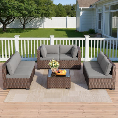 7 Pieces Outdoor Patio Furniture Set, PE Rattan Outdoor Wicker Sectional Furniture Sofa Set, with Cushions and Glass Coffee Table, for Balcony, Porch, Garden, Grey