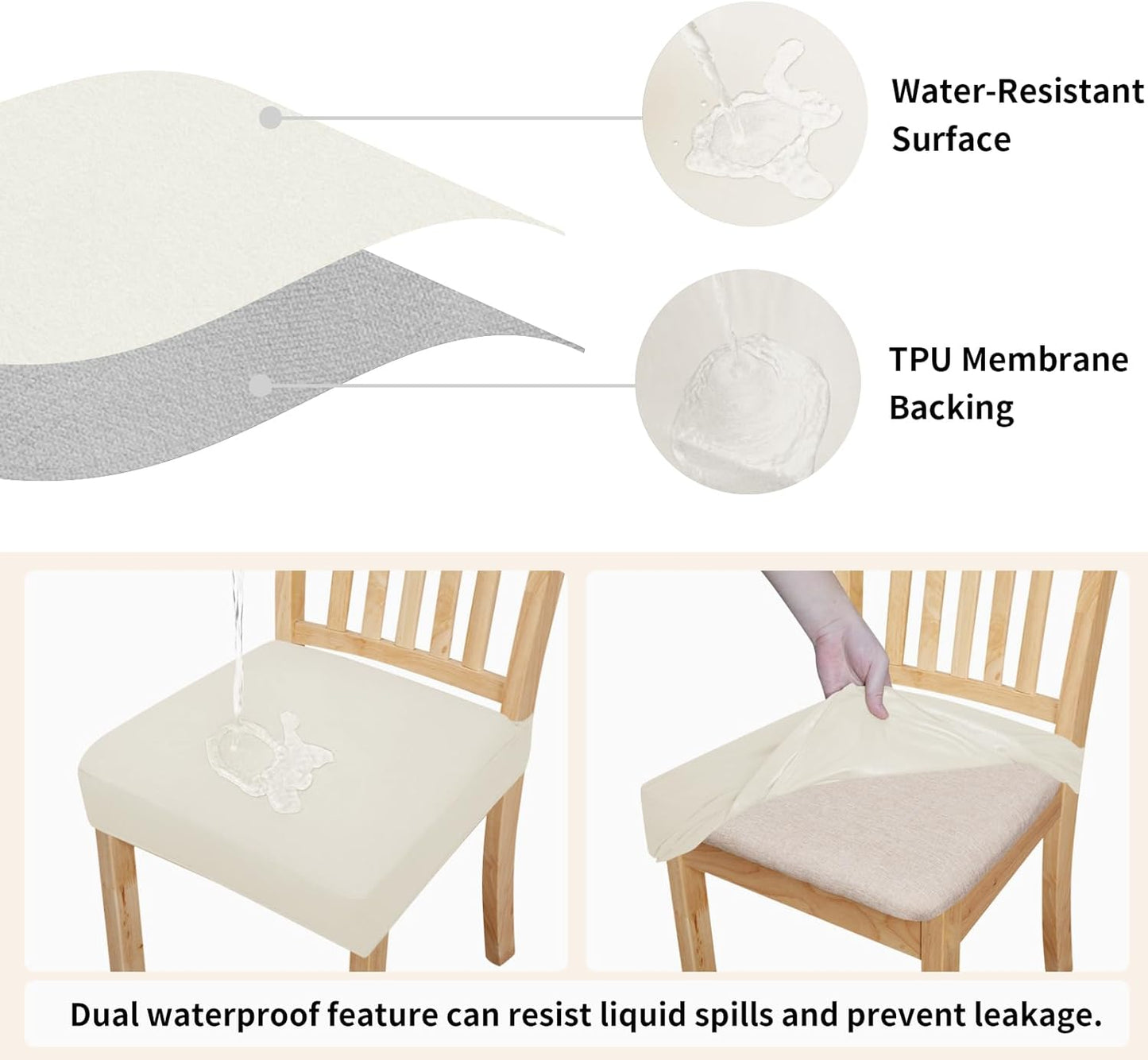 100% Waterproof Seat Covers for Dining Room Chairs Set of 4, Stretch Chair Seat Slipcovers Protector Removable and Washable Kitchen Dining Chair Covers, Ivory