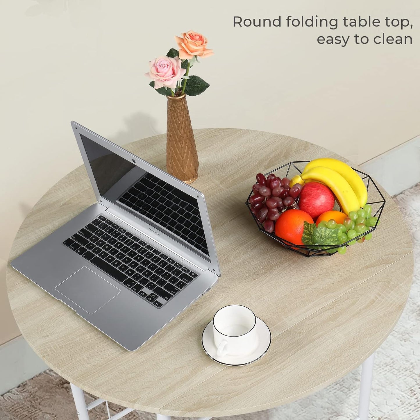 31.5" Drop Leaf Dining Table 3 Pieces for Small Space,Small Kitchen Table Set for 2,Round Folding Table with 2 Chairs for Home,Kitchen,Apartment,White&Oak