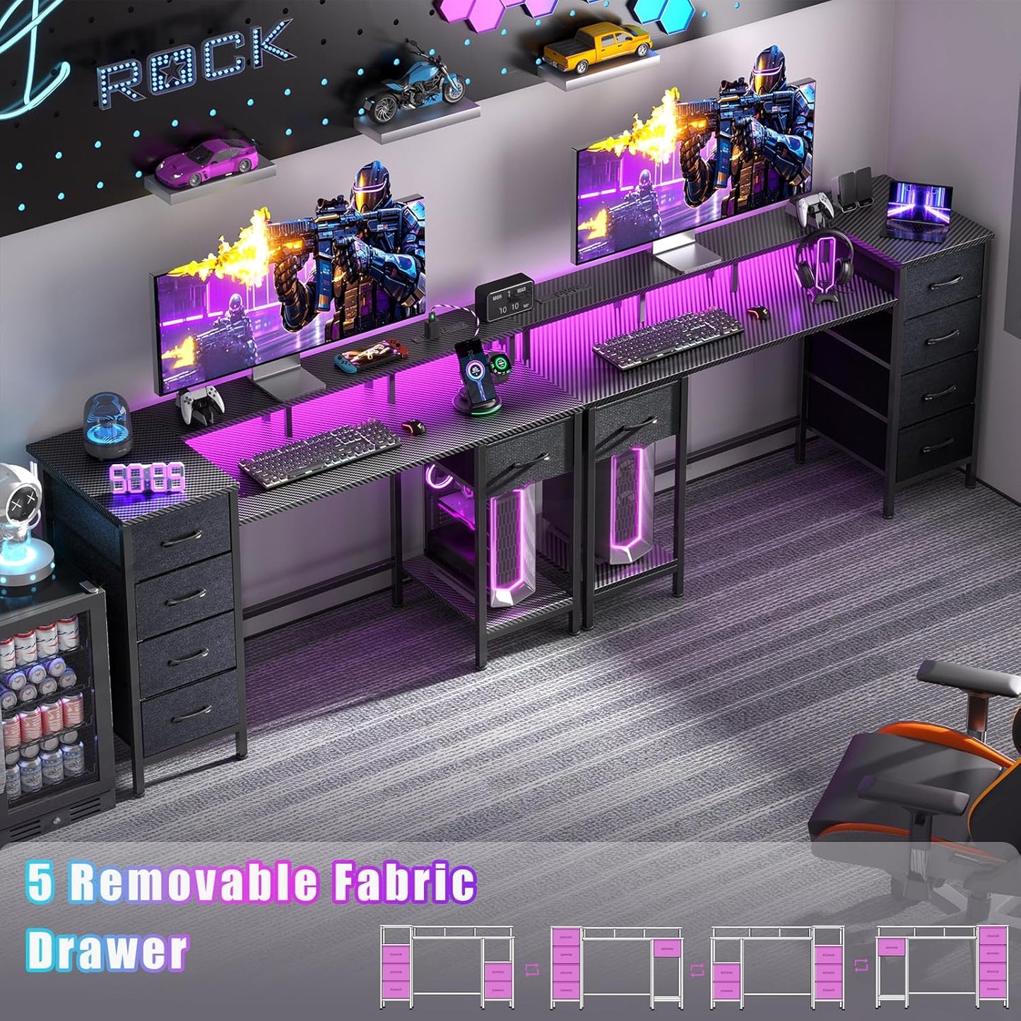 47 Inch Computer Gaming Desk with Power Outlets & LED Lights Reversible Home Office Desk with Adjustable 5 Fabric Storage Drawers for Working Writing Study, Carbon Fiber Black