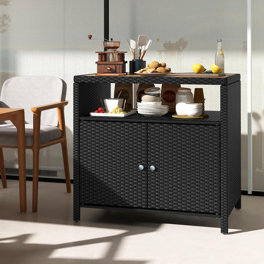 Wicker Outdoor Bar Cabinet - PE Rattan Patio Bar Table W/Acacia Wood Countertop, Open Shelf & 2 Doors, Buffet Sideboard Organizer for Garden Backyard Pool, outside Storage Cabinet (Black)