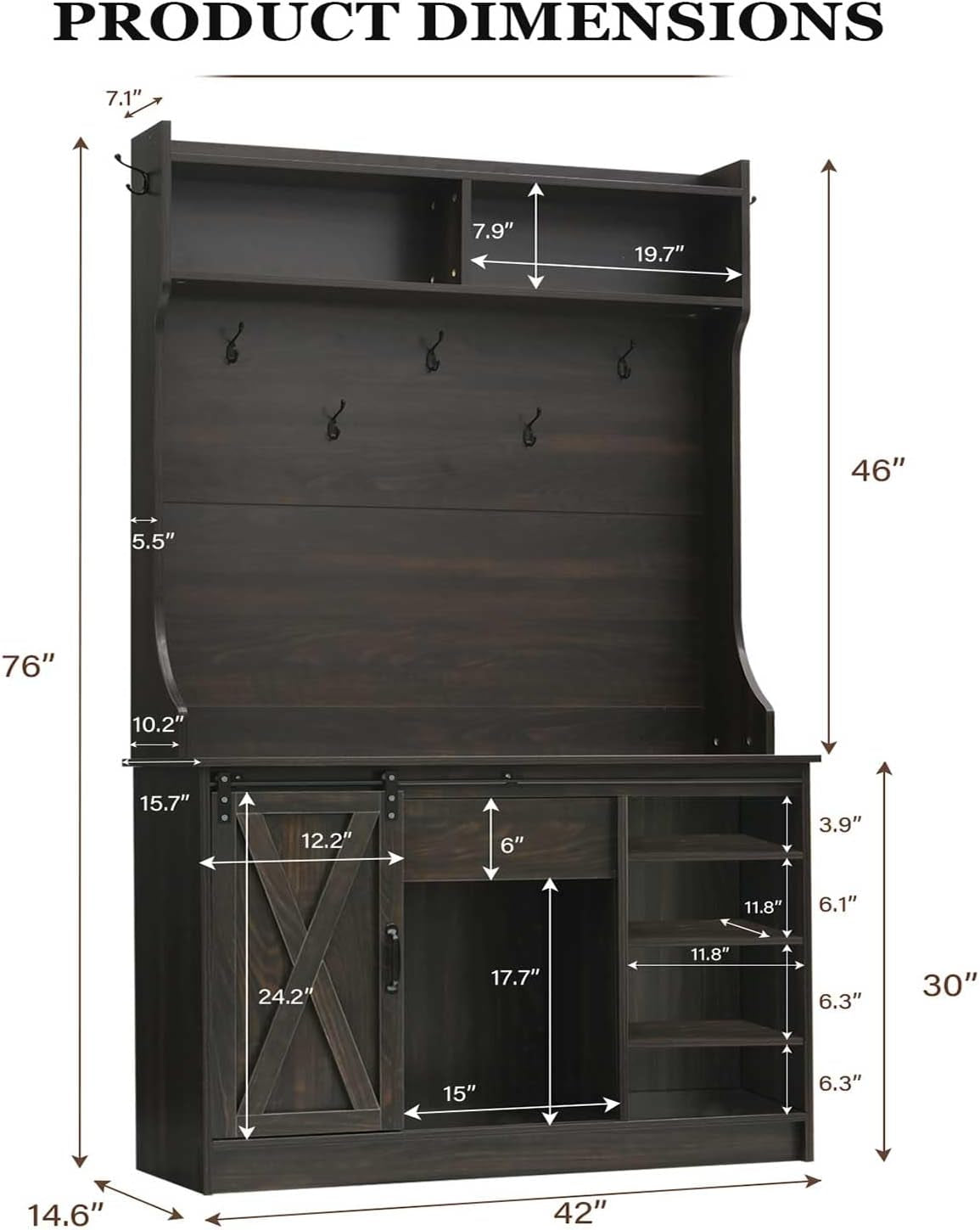 Hall Tree with Shoe Storage, 5-In-1 Entryway Bench with Storage Coat Rack, Entryway Hall Tree with Bench and Adjustable Shelf, Brown