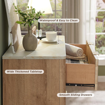 Fluted 5 Drawers Dresser, 48" Tall Modern Chest of Drawers with Faux Marble Top, Curved Profile Design, Wood Drawer Organizer for Bedroom, Living Room, Hallway, Entryway, Natural Oak
