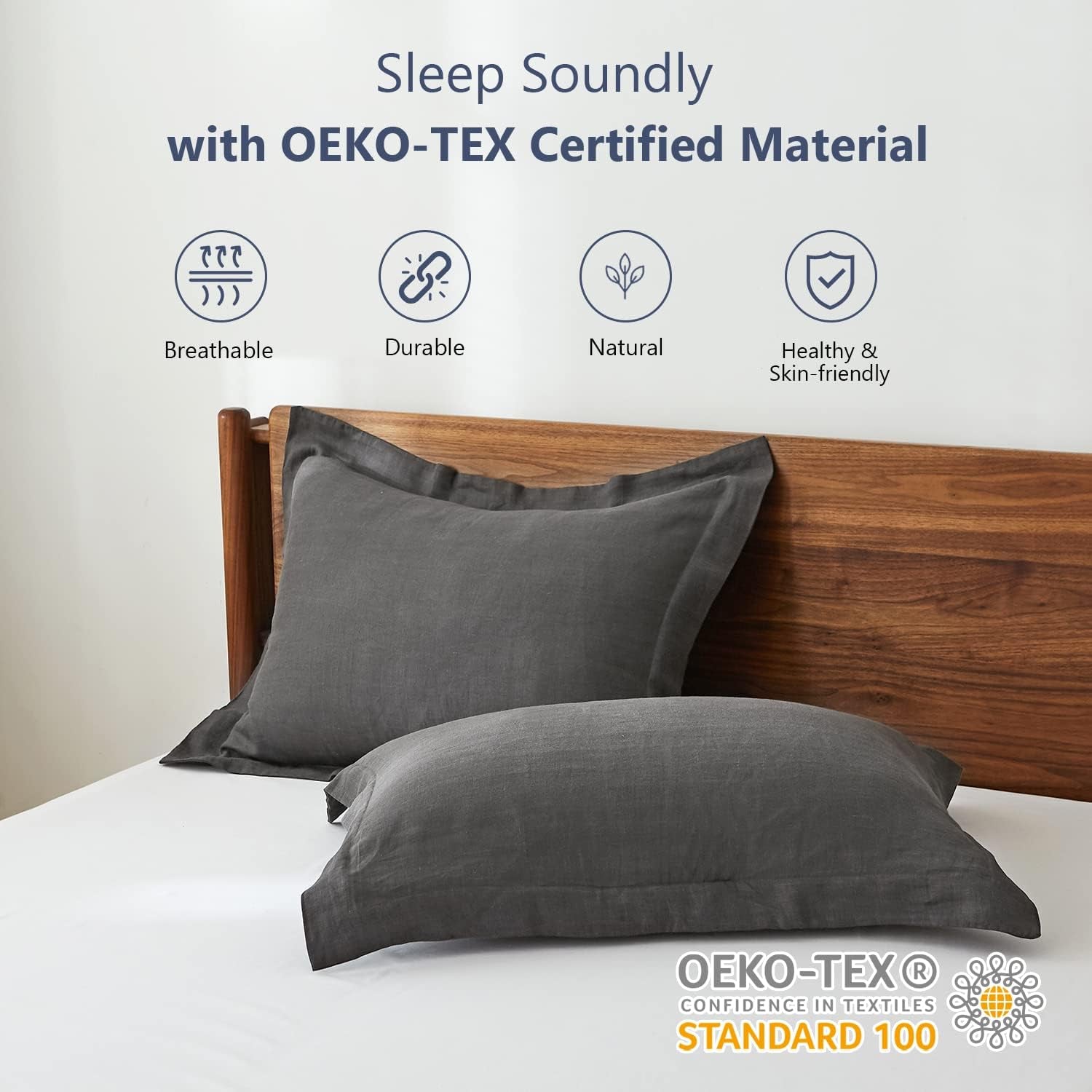 100% Linen Pillow Case King Size Set of 2, Dark Grey Pillow Covers with Overlap Closure, Luxury Breathable Pillowcases Protectors Suitable for All-Season (20" X 36", Dark Grey)