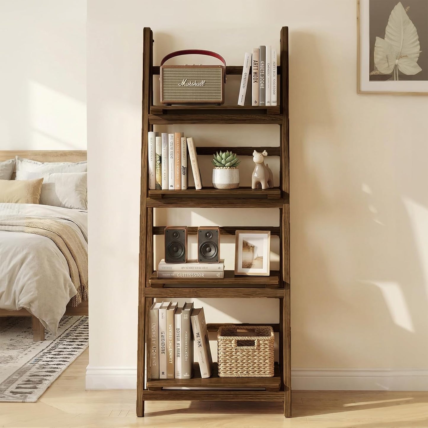 Ladder Shelves - Folding Wooden Ladder Bookshelf, 4-Tier Retro Plant Stand Storage Shelves for Home Living Room, Brown