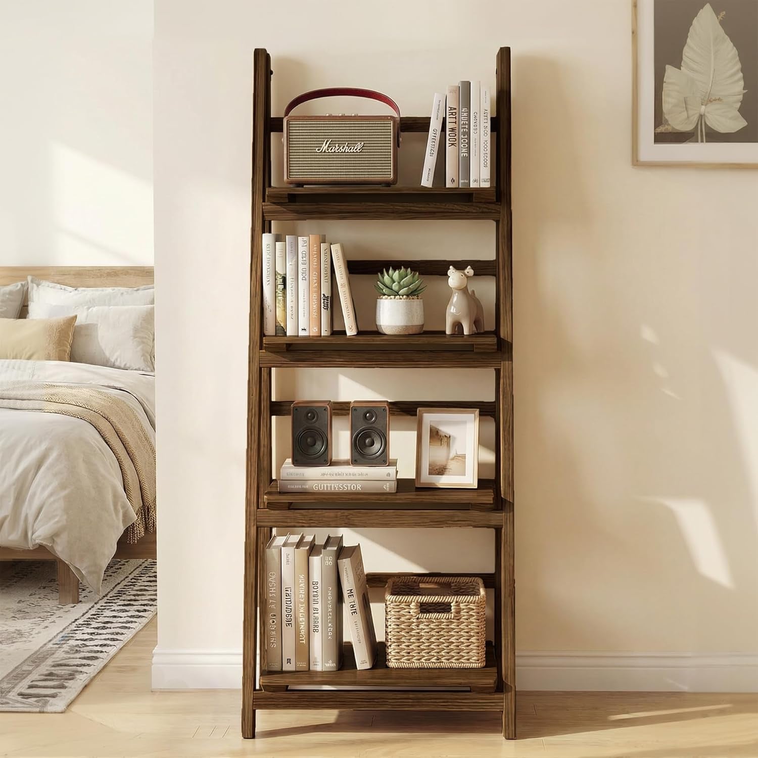 Ladder Shelves - Folding Wooden Ladder Bookshelf, 4-Tier Retro Plant Stand Storage Shelves for Home Living Room, Brown