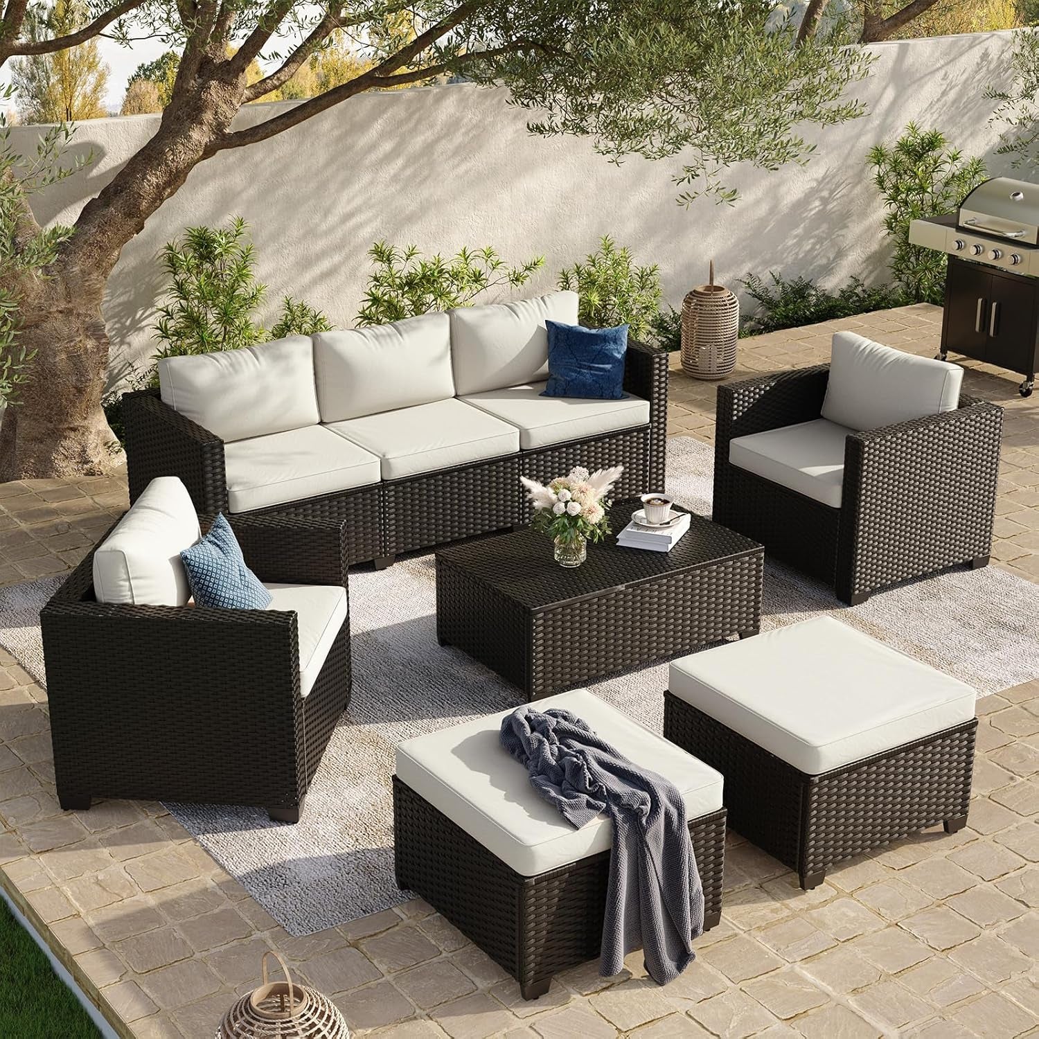 8 Piece Outdoor Patio Furniture Set 7 Seats, Outdoor Sectional with Thick Waterproof Cushions, Patio Conversation Sets for Garden,Backyard, Porch, Balcony, Deck, Black & Beige