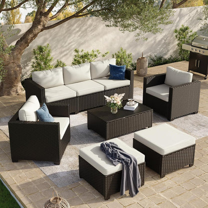 8 Piece Outdoor Patio Furniture Set 7 Seats, Outdoor Sectional with Thick Waterproof Cushions, Patio Conversation Sets for Garden,Backyard, Porch, Balcony, Deck, Black & Beige