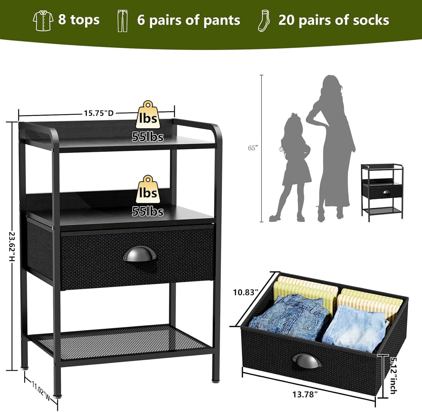 Night Stand with 1 Fabric Drawer and Sturdy Metal Frame, Modern Bedside Table Lightweight & Durable -55LB Load Capacity, Wear-Resistant & Easy-Clean Surface, Black