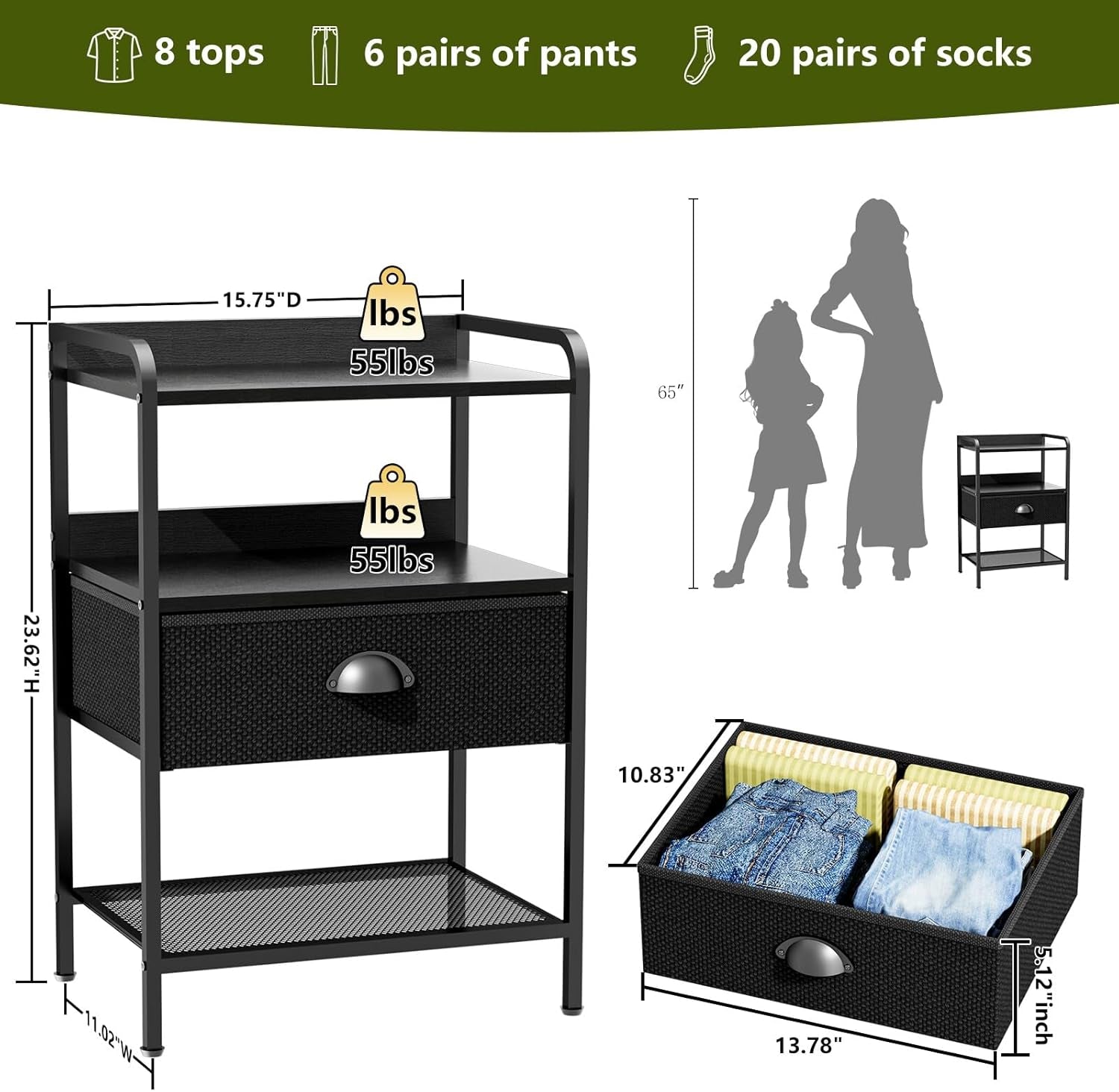 Night Stand with 1 Fabric Drawer and Sturdy Metal Frame, Modern Bedside Table Lightweight & Durable -55LB Load Capacity, Wear-Resistant & Easy-Clean Surface, Black