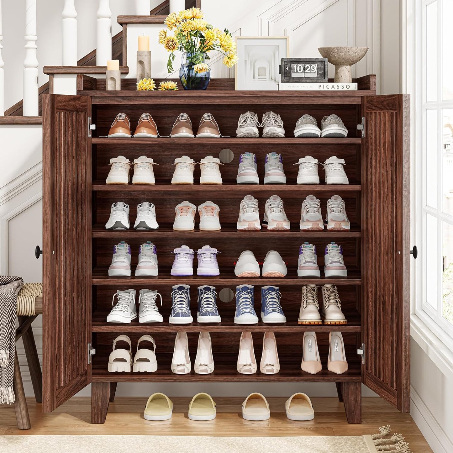 Shoe Cabinet with Slatted Doors, 6-Tier Shoe Storage Cabinet with Adjustable Shelves, Wooden Shoe Rack Organizer for Entryway, Hallway, Closet, Living Room, Walnut