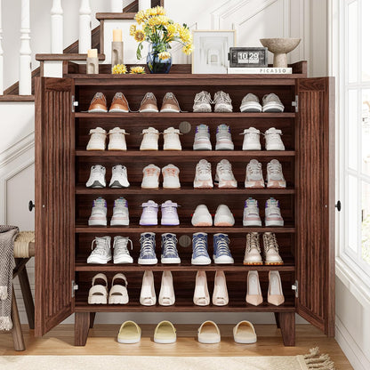 Shoe Cabinet with Slatted Doors, 6-Tier Shoe Storage Cabinet with Adjustable Shelves, Wooden Shoe Rack Organizer for Entryway, Hallway, Closet, Living Room, Walnut