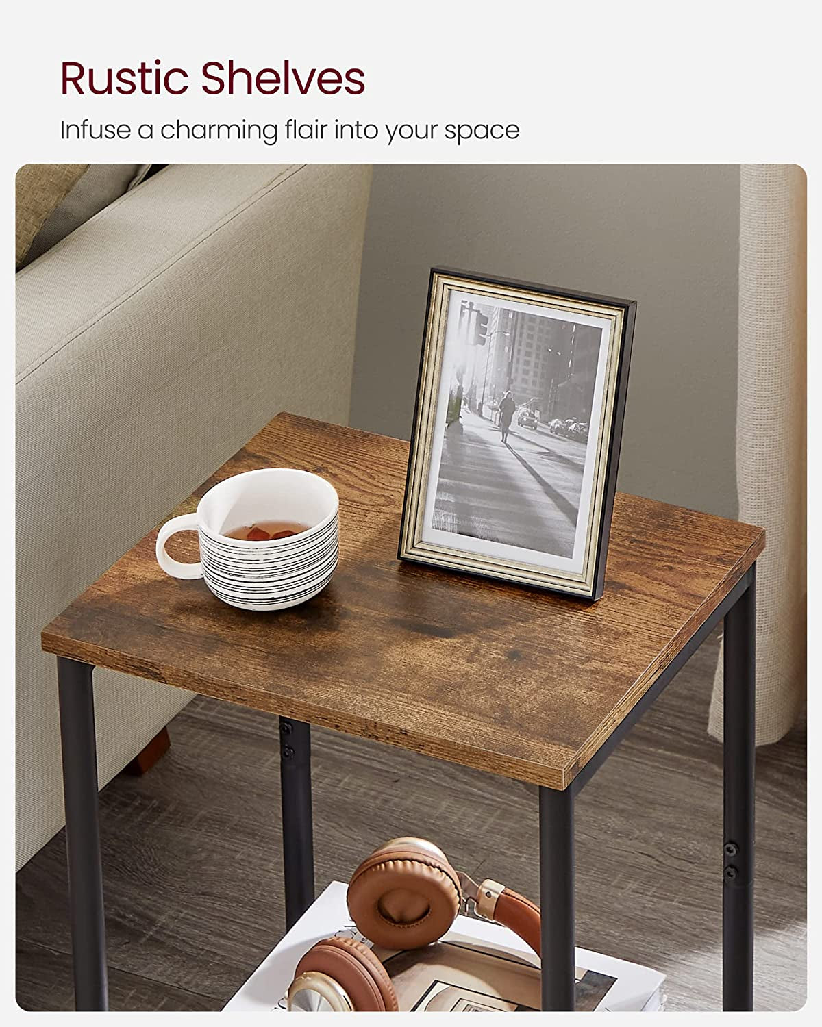 Side Table, Small End Table, Nightstand for Living Room, Bedroom, Office, Bathroom, Rustic Brown and Black ULET271B01