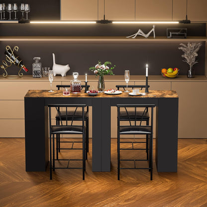 Small Bar Table and Chairs Tall Kitchen Breakfast Nook with Stools/Dining Set for 2, Storage Shelves, Space-Saving, Gray