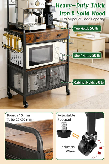 Rolling Coffee Bar Cart for Small Spaces, Coffee Station Cabinet with Storage, Apartment Coffee Nook, Side Syrup Rack, Tea Pod Drawer, Magnetic Doors, Lockable Wheels, Rustic Brown