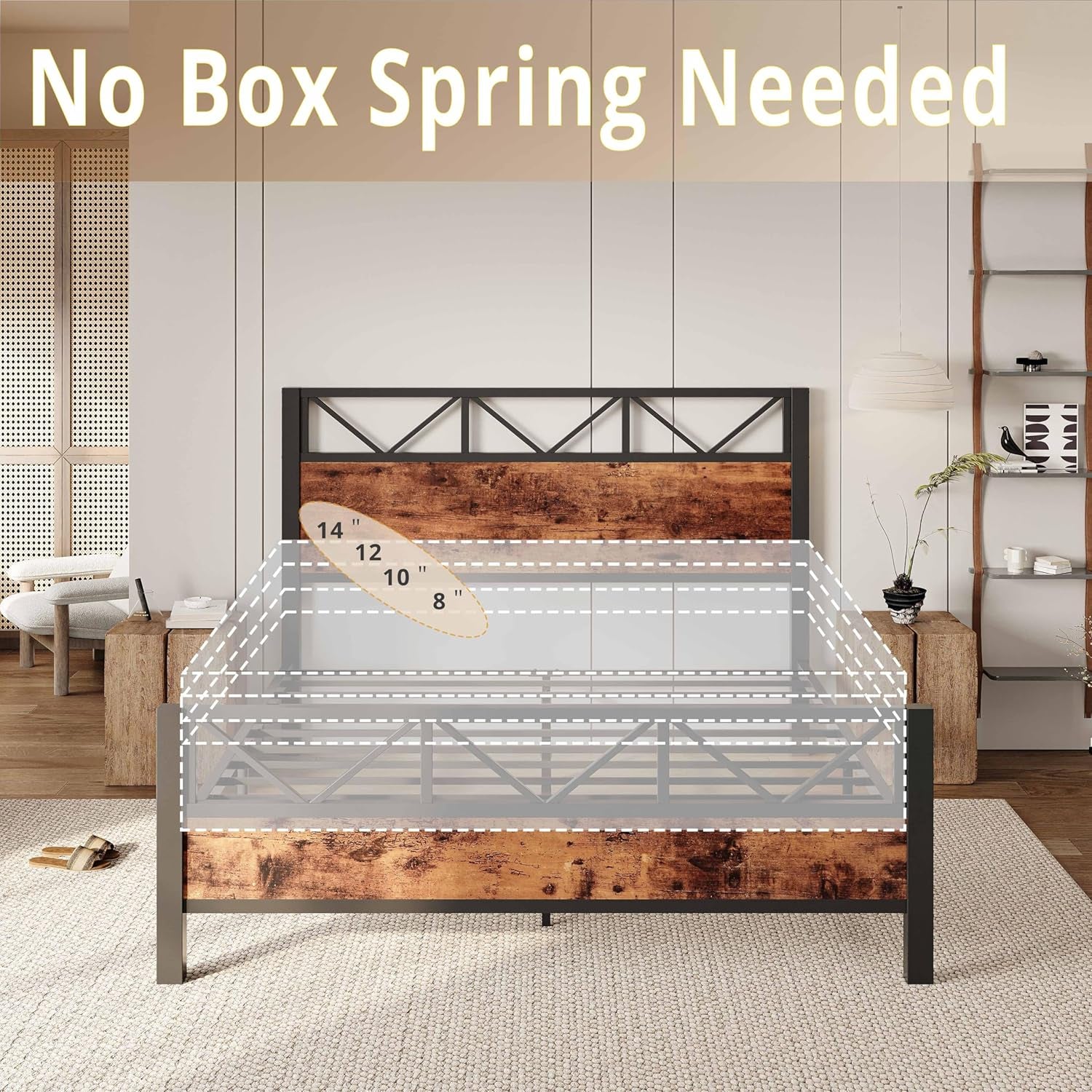 Queen Bed Frame, Tall Industrial Headboard 51.2 ", Platform Bed Frame with Strong Metal Support, Solid and Stable, Noise Free, No Box Spring Needed, Easy Assembly, Vintage Brown