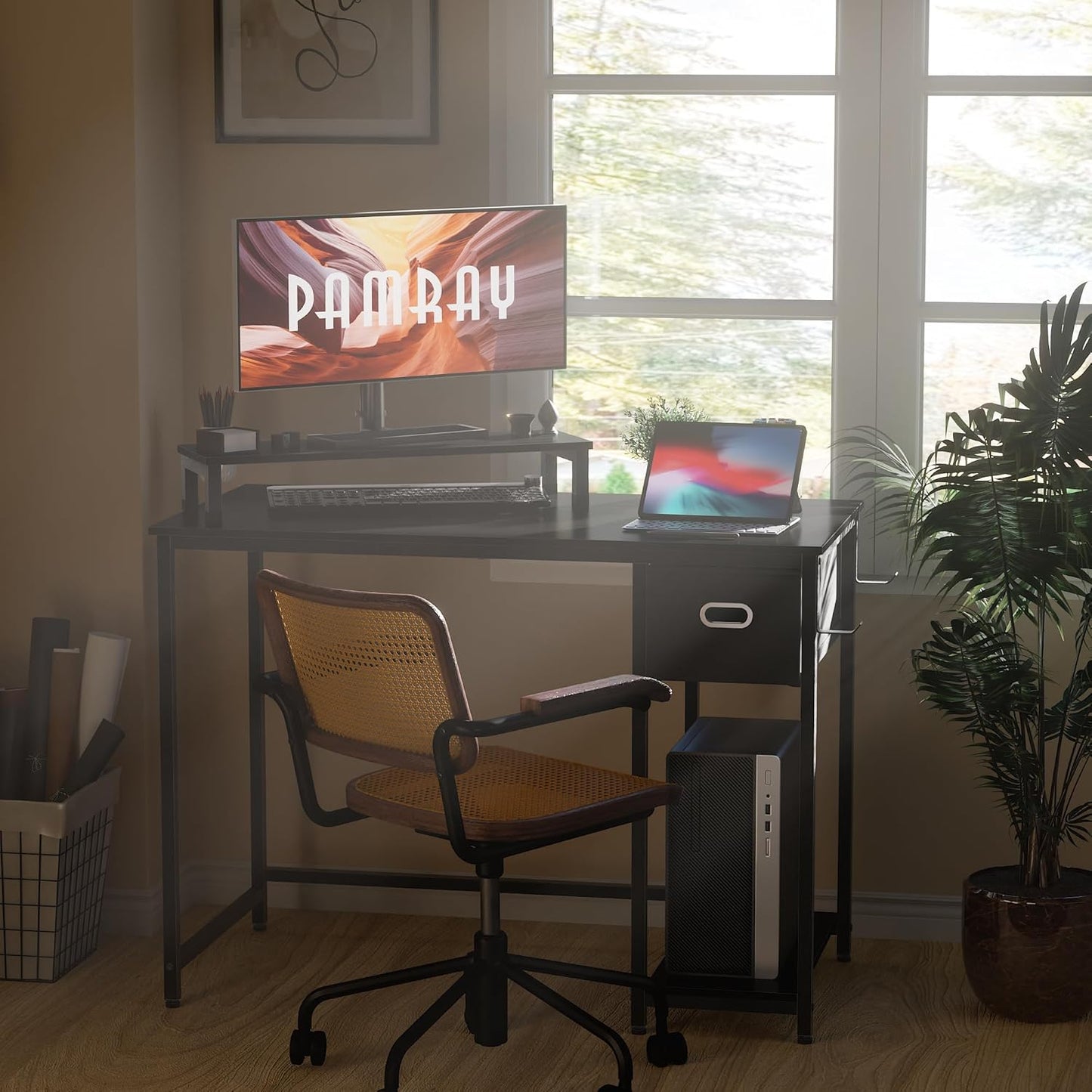 39 Inch Computer Desk with Monitor Stand Small Home Office Desks with Non-Woven Storage Drawer for Bedroom Study Table Writing and Work Desk Black