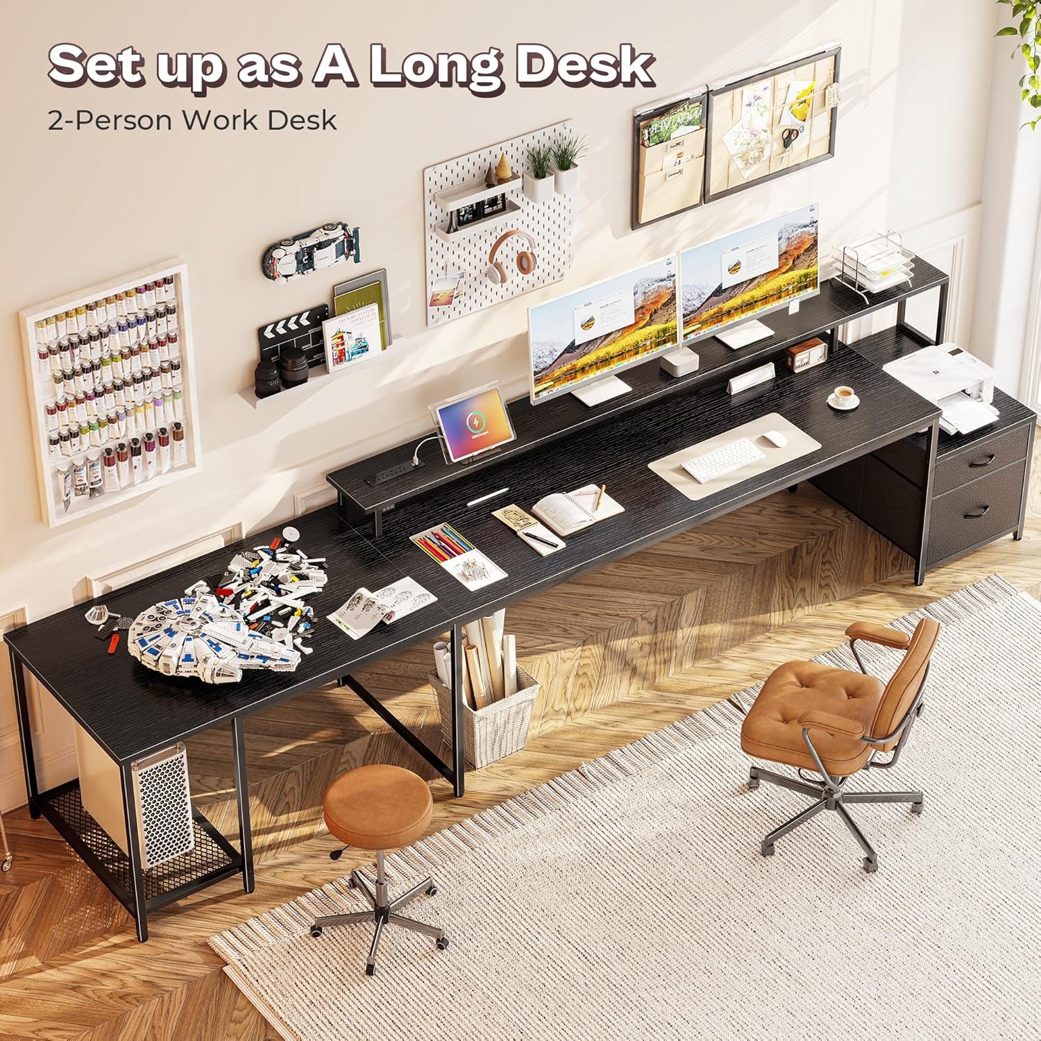 66 Inch L Shaped Computer Desk with Power Outlets and LED Lights, Home Office Desk with Fabric Drawers and Print Stand, L Shape or Long Set Up, Monitor Stand, Mesh CPU Stand, Black