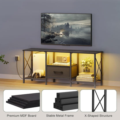 LED TV Stand with Fabric Drawer, Entertainment Center for 50 55 Inch TV, Industrial TV Console Table with Open Storage Shelves for Living Room, Bedroom, Black