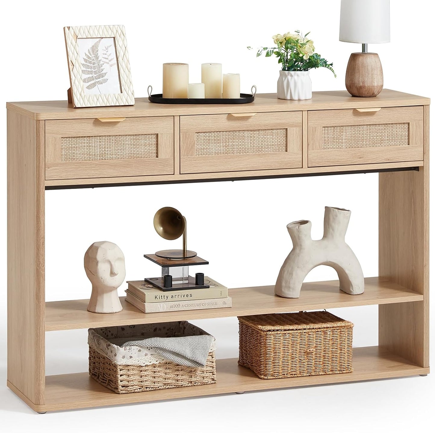 48" Boho Rattan Console Table with 3 Drawers, 3 Tier Wooden Entryway Table with Open Storage Shelf, Narrow Long behind Couch Sofa Tables for Living Room, Hallway, Entrance, Natural Wood