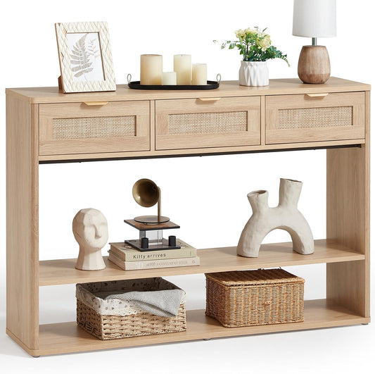 48" Boho Rattan Console Table with 3 Drawers, 3 Tier Wooden Entryway Table with Open Storage Shelf, Narrow Long behind Couch Sofa Tables for Living Room, Hallway, Entrance, Brown
