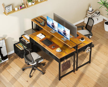 Computer Desk with 4 Drawers, 55 Inch Office Desk with Printer Shelf & Built-In Power Outlet, Work Desk with Monitor Shelf for Home Small Spaces, Rustic Brown