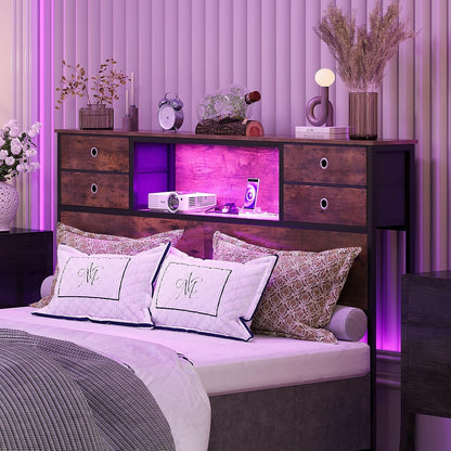 Rustic brown queen headboard with fabric storage drawers, LED light and charging station, view 6