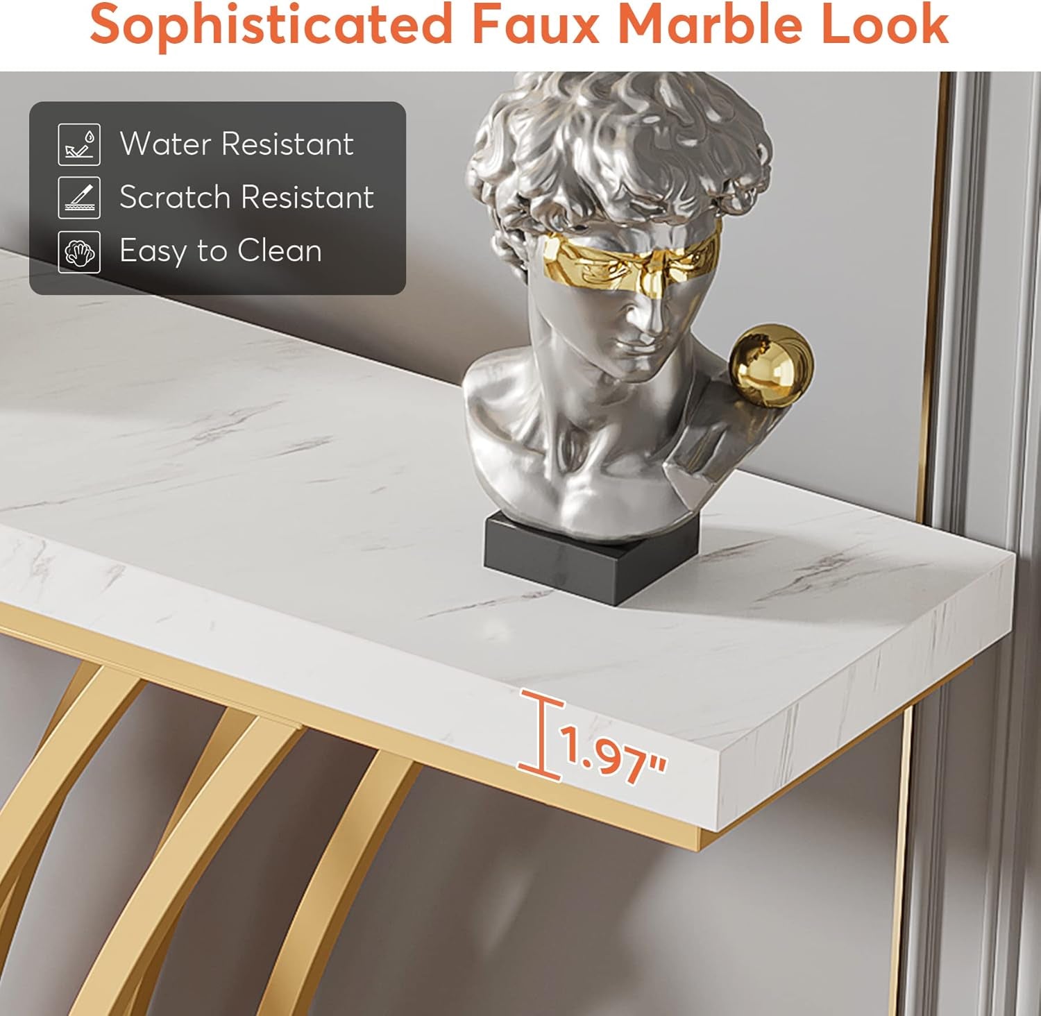 59 Inch Gold Console Table, Modern Entryway Table with Grid-Shaped Metal Base for Entrance, Hallway, Entryway, Living Room(White Faux Marble & Gold)