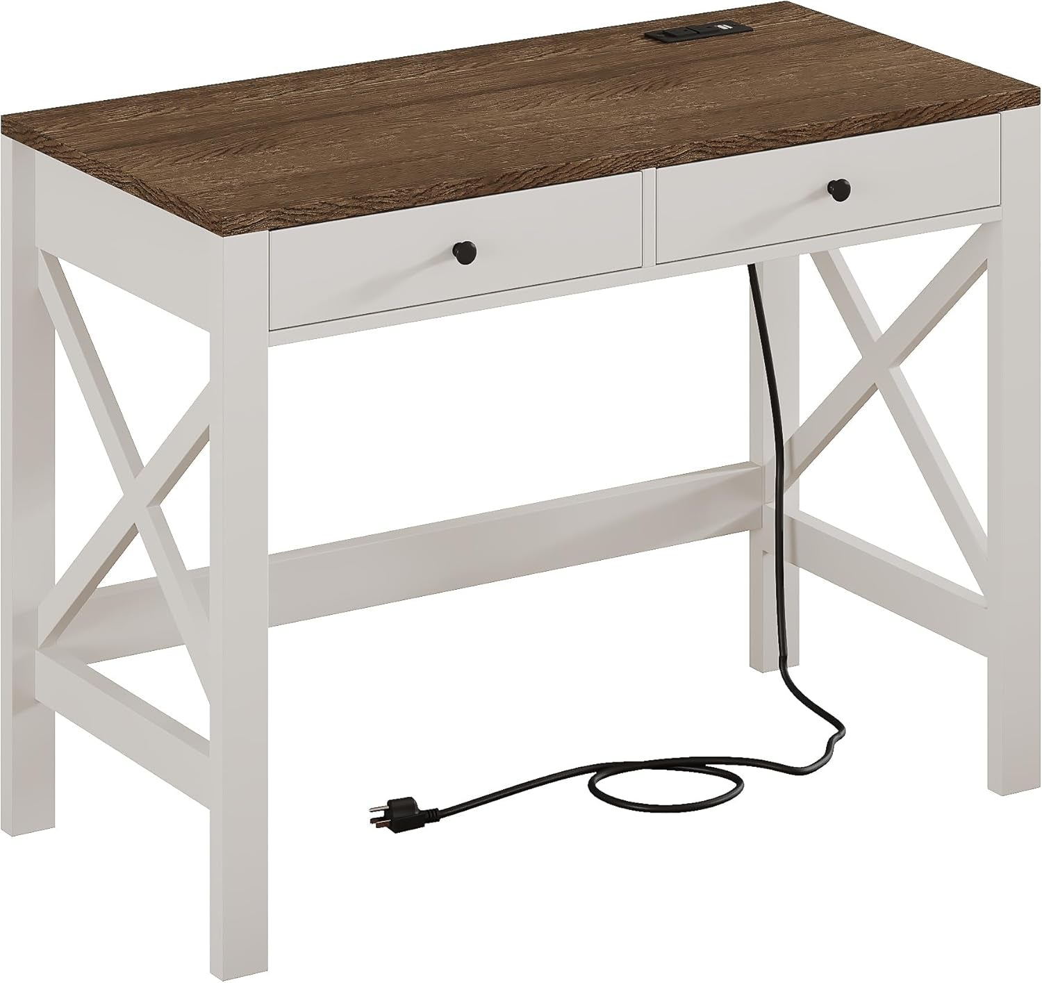 Farmhouse Desk with USB Charging Ports and Power Outlets, 39" Computer Desk with Drawers, Small Study Writing Table with Stable X Frame for Home Office