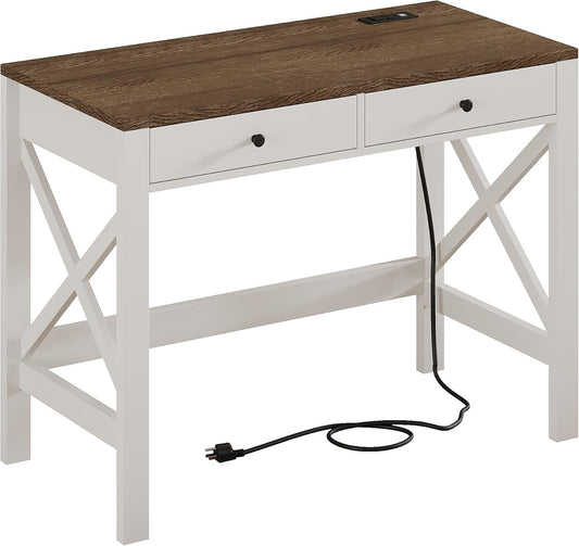 Farmhouse Desk with USB Charging Ports and Power Outlets, 39" Computer Desk with Drawers, Small Study Writing Table with Stable X Frame for Home Office