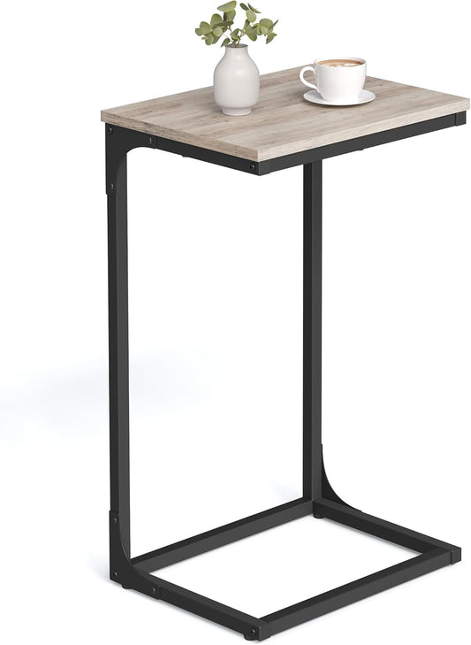 C-Shaped End Table, Side Table for Sofa, Couch Table with Metal Frame, Small TV Tray Table for Living Room, Bedroom, Greige and Black