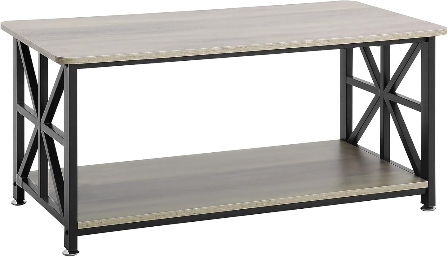40" Farmhouse Coffee Table, Rectangle Coffee Table with Open Storage Compartment, Wooden Rustic Cocktail Table for Living Room, Bedroom, Apartment, Studio, Brown & Black