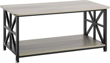 40" Farmhouse Coffee Table, Rectangle Coffee Table with Open Storage Compartment, Wooden Rustic Cocktail Table for Living Room, Bedroom, Apartment, Studio, Brown & Black