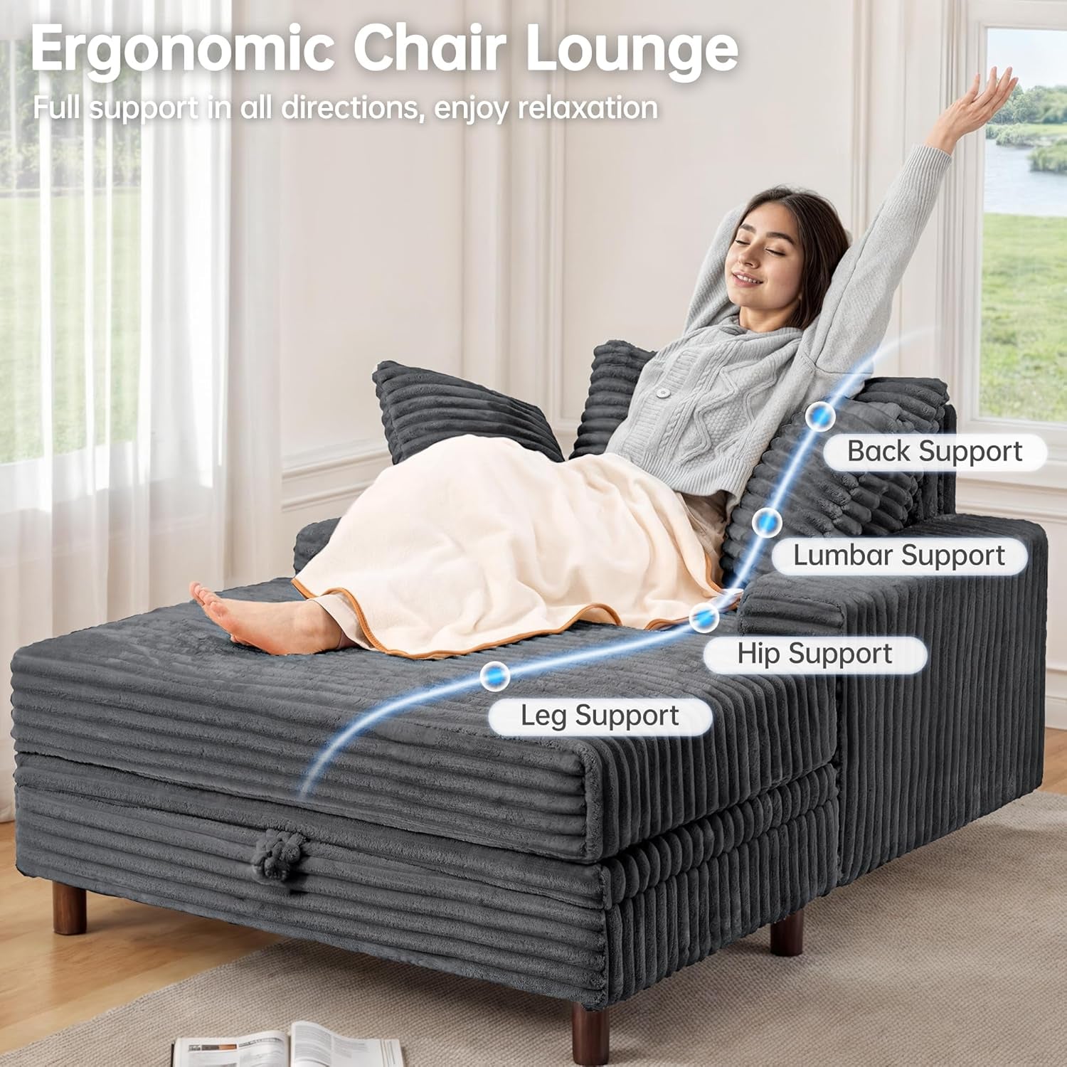 54" Oversized Chaise Lounge Chair Indoor, Comfy Sofa Bed with Removable Storage Ottoman and Pillows, Upholstered Reading Chairs Corduroy Cloud Couches, for Living Room, Gray