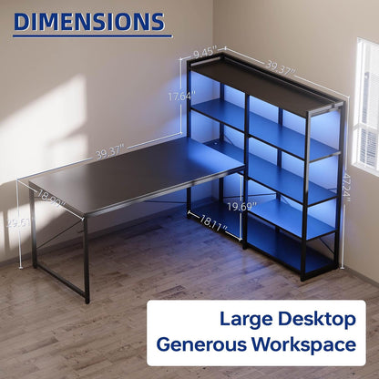 L Shaped Computer Desk with Reversible Side Storage Shelves, 49 Inch Gaming Desk with Power Outlets and Led Lights, PC Table for Home Office and Bedroom Black