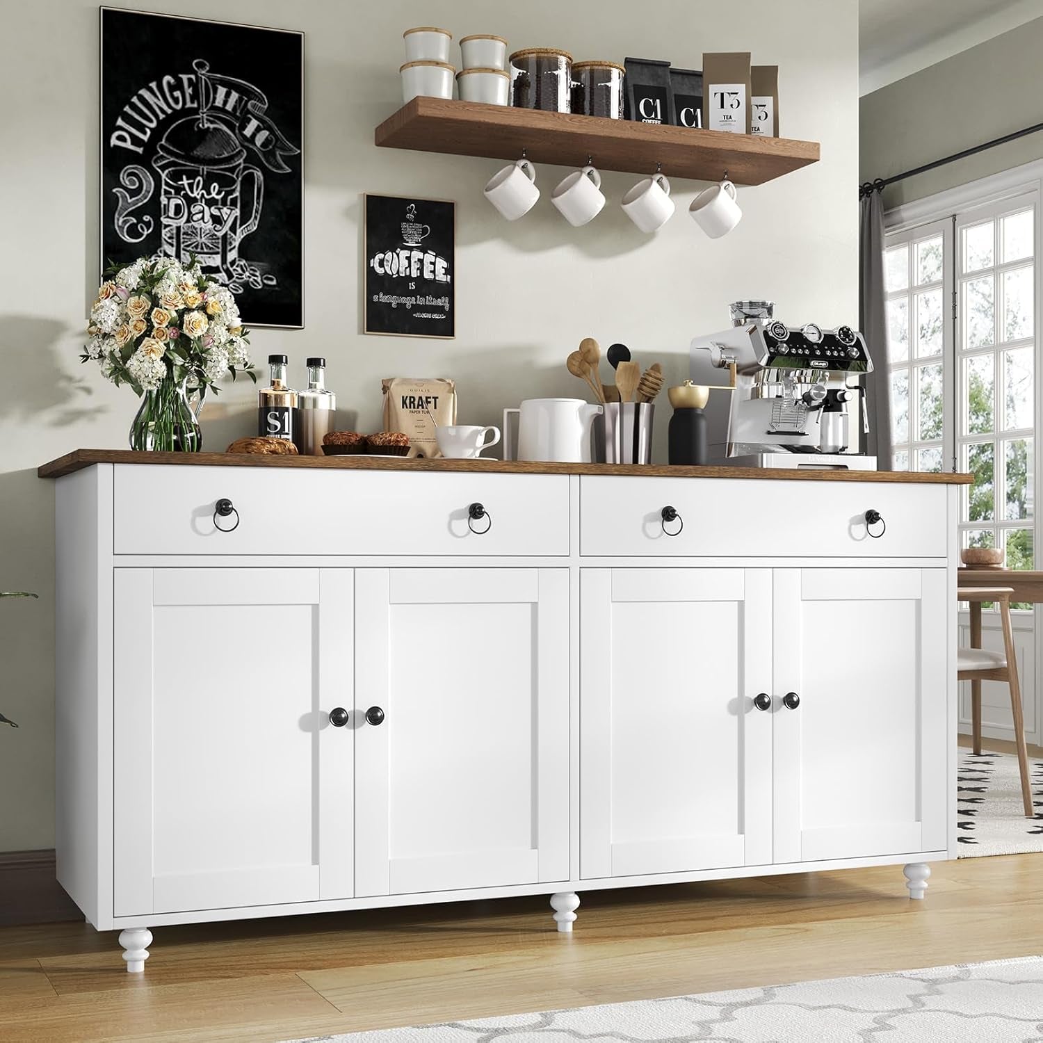 Buffet Cabinet with Storage, 55" Sideboard Buffet Cabinet with 2 Drawers and 4 Doors, Modern Farmhouse Coffee Bar Cabinets, Wood Buffet Table for Kitchen, Dining Room, White