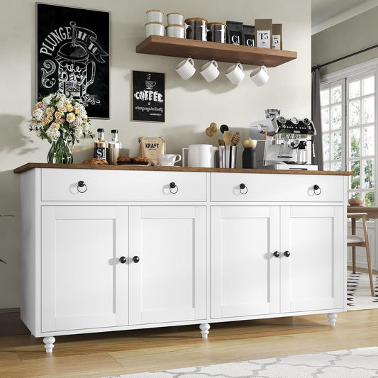 Buffet Cabinet with Storage, 55" Sideboard Buffet Cabinet with 2 Drawers and 4 Doors, Modern Farmhouse Coffee Bar Cabinets, Wood Buffet Table for Kitchen, Dining Room, White