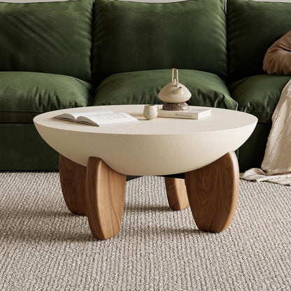 round Concrete Coffee Table with Premium Walnut Ash Wood Legs, Modern Minimalist Cement Finish Center Table for Living Room
