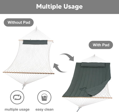 Portable Double Rope Hammock with Pad, Two Person Tree Hammock for Garden, Backyard, Patio, Poolside, Gray Green