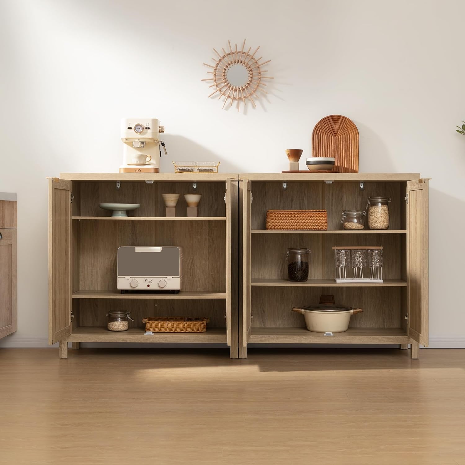 Rattan Sideboard Buffet Cabinet with Large Storage : Boho Credenza Coffee Bar Cabinet with Adjustable Shelves, Farmhouse Console Table for Kitchen, Living Room, Entryway, Natural, 2 Pieces