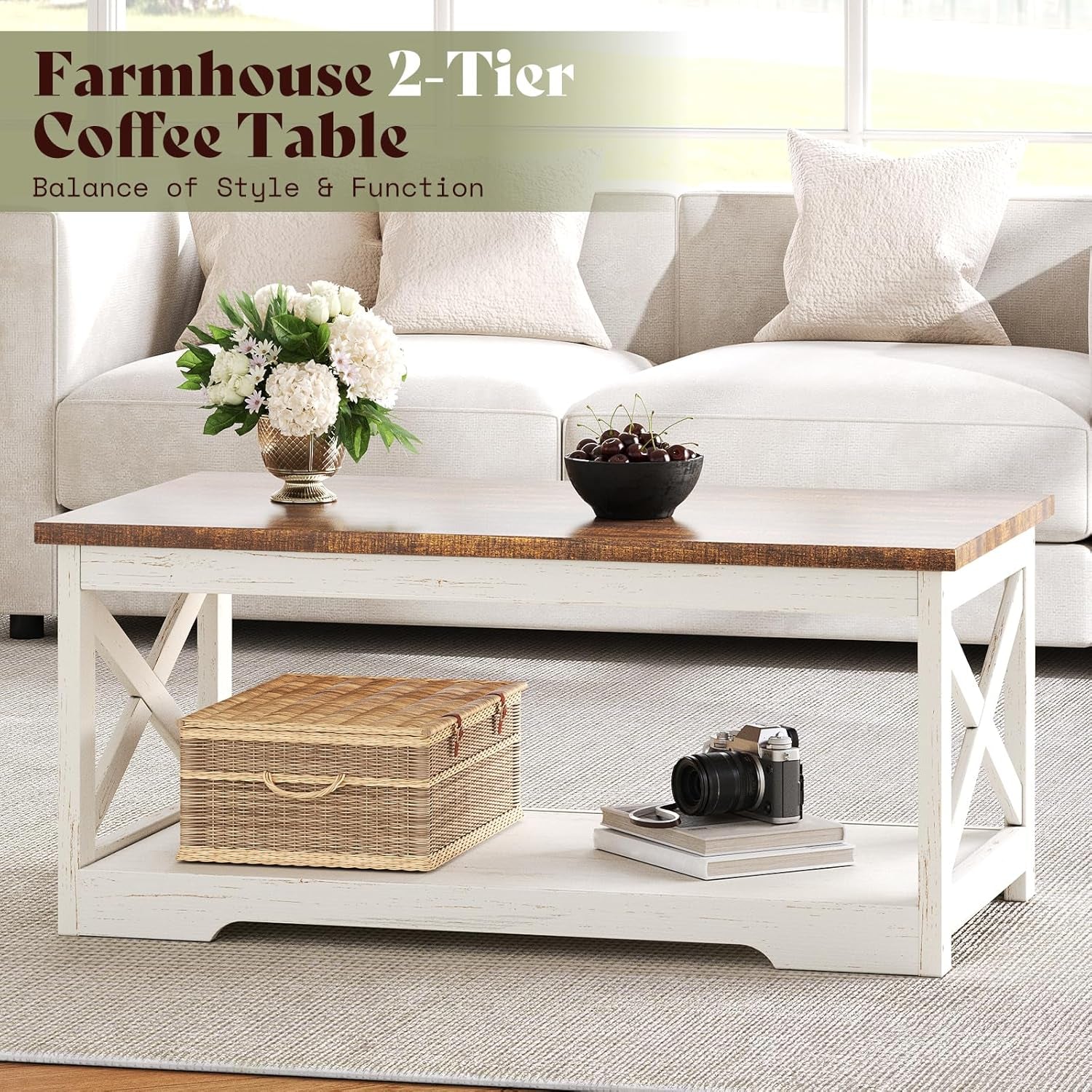 3-Piece Farmhouse Living Room Table Set with Coffee Table & 2 End Tables, Charging Station & USB Ports, Distressed White