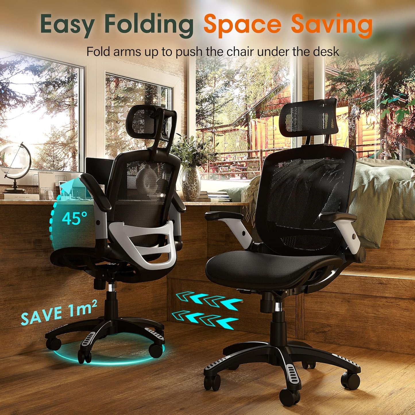 Ergonomic Office Chair, High Back Home Desk Chair with Headrest, Flip-Up Arms, 90-120° Tilt Lock and Wide Cushion, Big and Tall Mesh Chairs for Man Woman, Black Task Chair