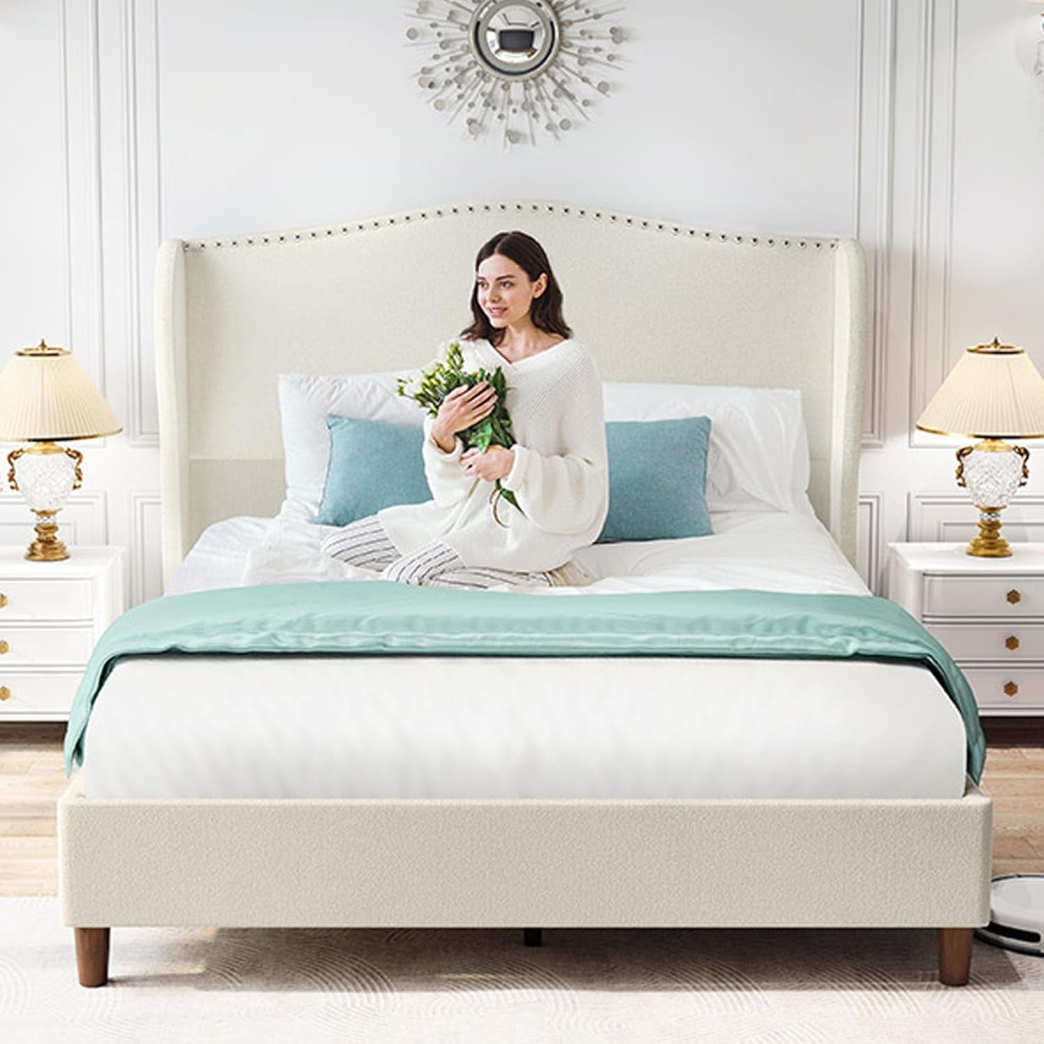 Queen Size Chenille Bed Frame with 52" Tall Headboard, Upholstered Platform Bed with Nailhead Trim Headboard Wingback, No Box Spring Needed, Wood Slats Support, Easy Assembly, Beige