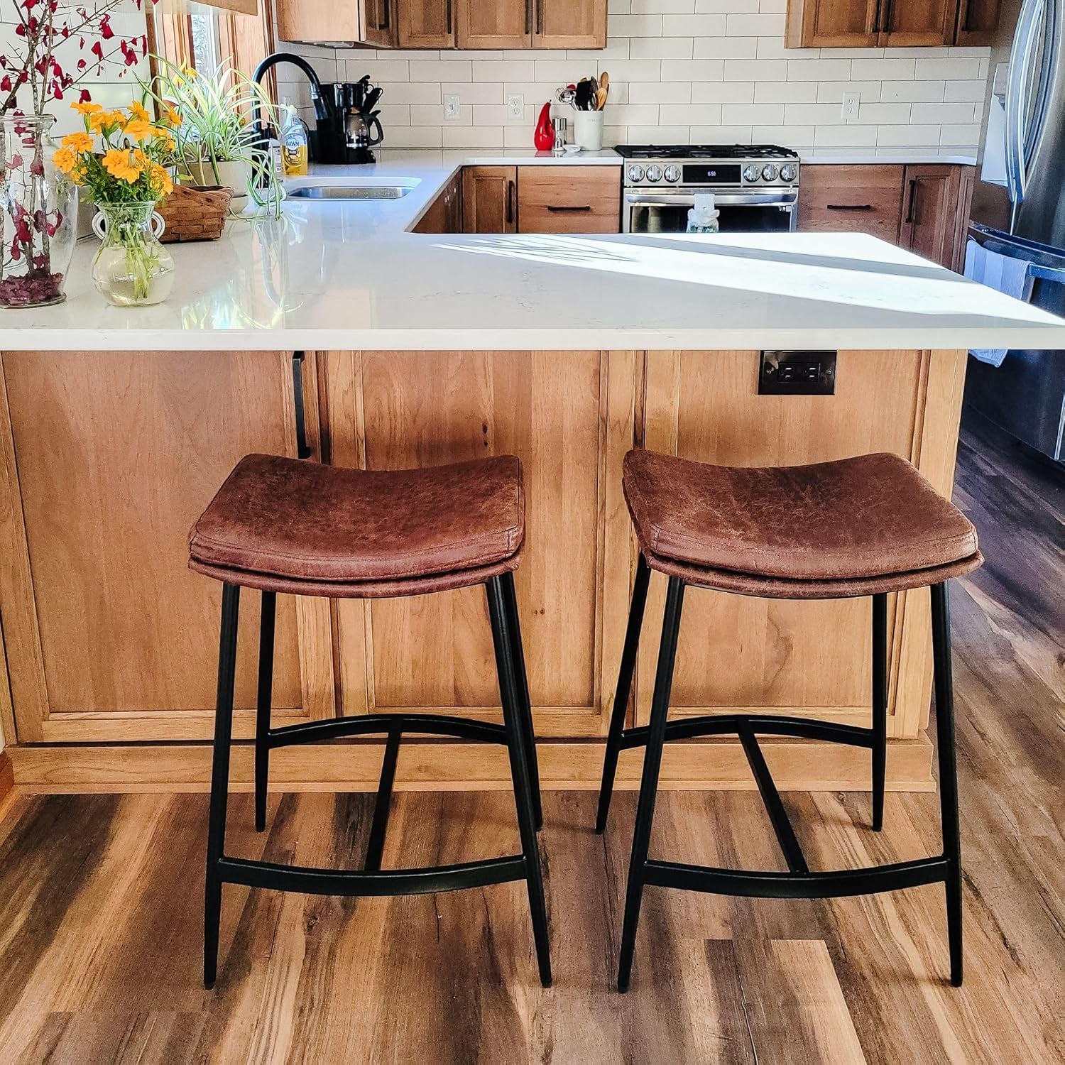 Arlo Modern Backless Upholstered Kitchen Counter Bar Stool with Double-Layered Saddle Seat and Black Metal Base, Brown/Matte Black, Set of 2