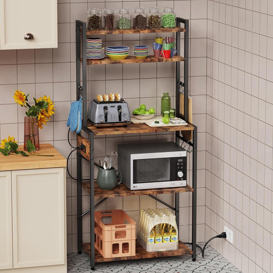 Kitchen Bakers Rack with Power Outlet, 5 Tiers Coffee Bar Table, Kitchen Microwave Stand with 6 S-Shaped Hooks, Kitchen Storage Shelf Rack for Spices, Pots, Rustic Brown